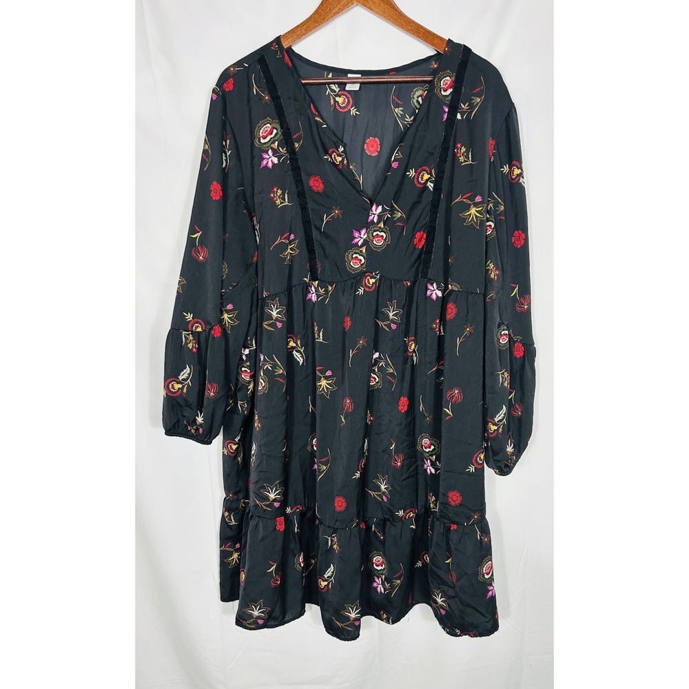 Old Navy Dress Womens XXL Black Satin Dark Floral Tiered Romantic Cottagecore‎